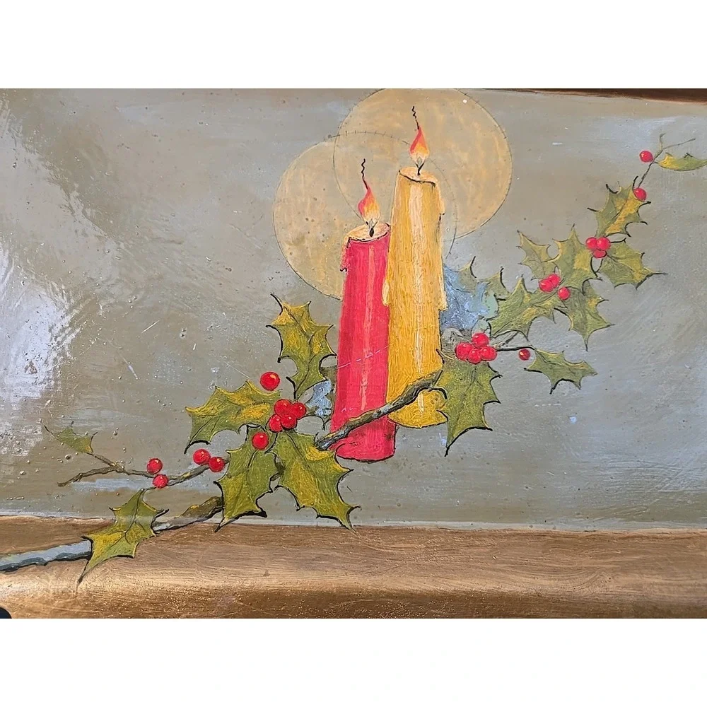Vintage Gold Metal Handpainted Christmas Tray Lit‎ Candles And Berries 1960